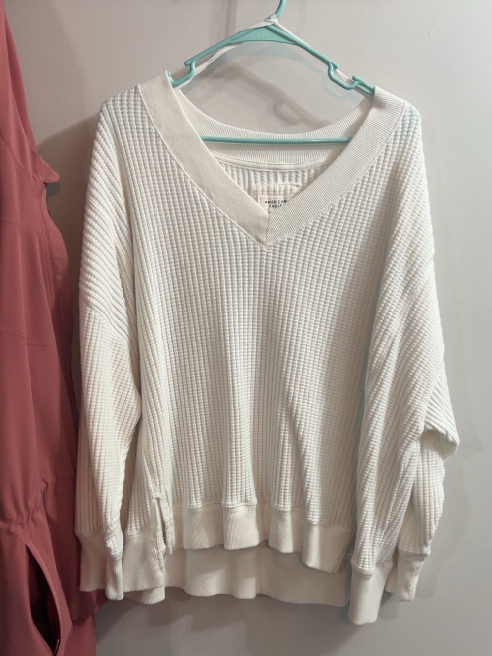 American Eagle Outfitters Cream Waffle-Knit V-Neck Sweater